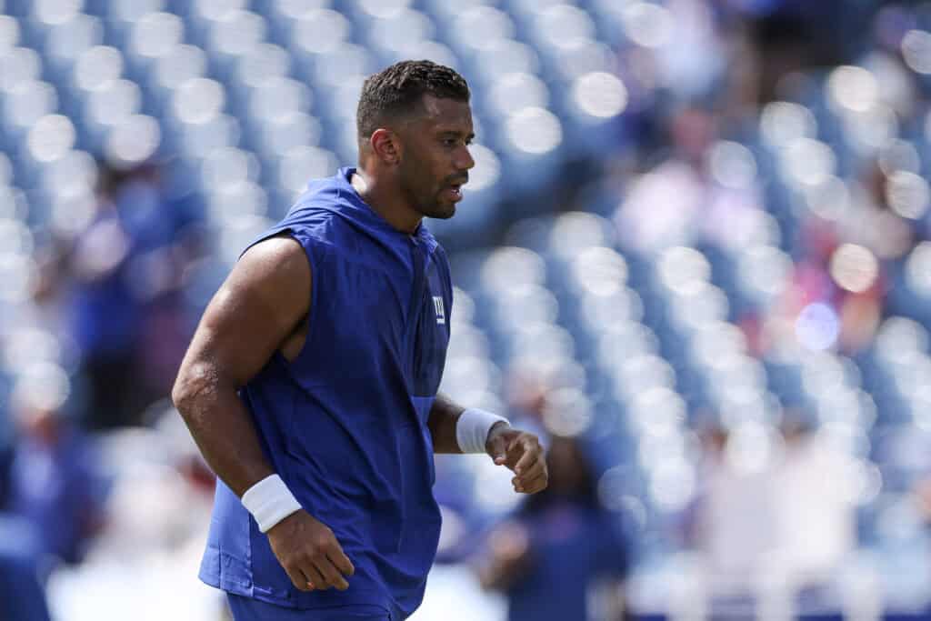 ORCHARD PARK, NEW YORK - AUGUST 09: Russell Wilson #3 of the New York Giants looks on prior to an NFL Preseason 2025 game between New York Giants and Buffalo Bills at Highmark Stadium on August 09, 2025 in Orchard Park, New York.