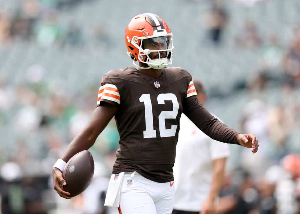 PHILADELPHIA, PENNSYLVANIA - AUGUST 16: Shedeur Sanders #12 of the Cleveland Browns warms up before the NFL Preseason 2025 game between Cleveland Browns and Philadelphia Eagles at Lincoln Financial Field on August 16, 2025 in Philadelphia, Pennsylvania.
