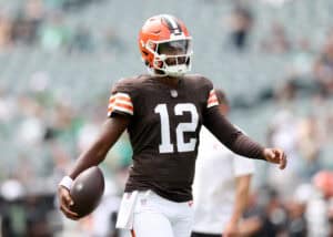 PHILADELPHIA, PENNSYLVANIA - AUGUST 16: Shedeur Sanders #12 of the Cleveland Browns warms up before the NFL Preseason 2025 game between Cleveland Browns and Philadelphia Eagles at Lincoln Financial Field on August 16, 2025 in Philadelphia, Pennsylvania.