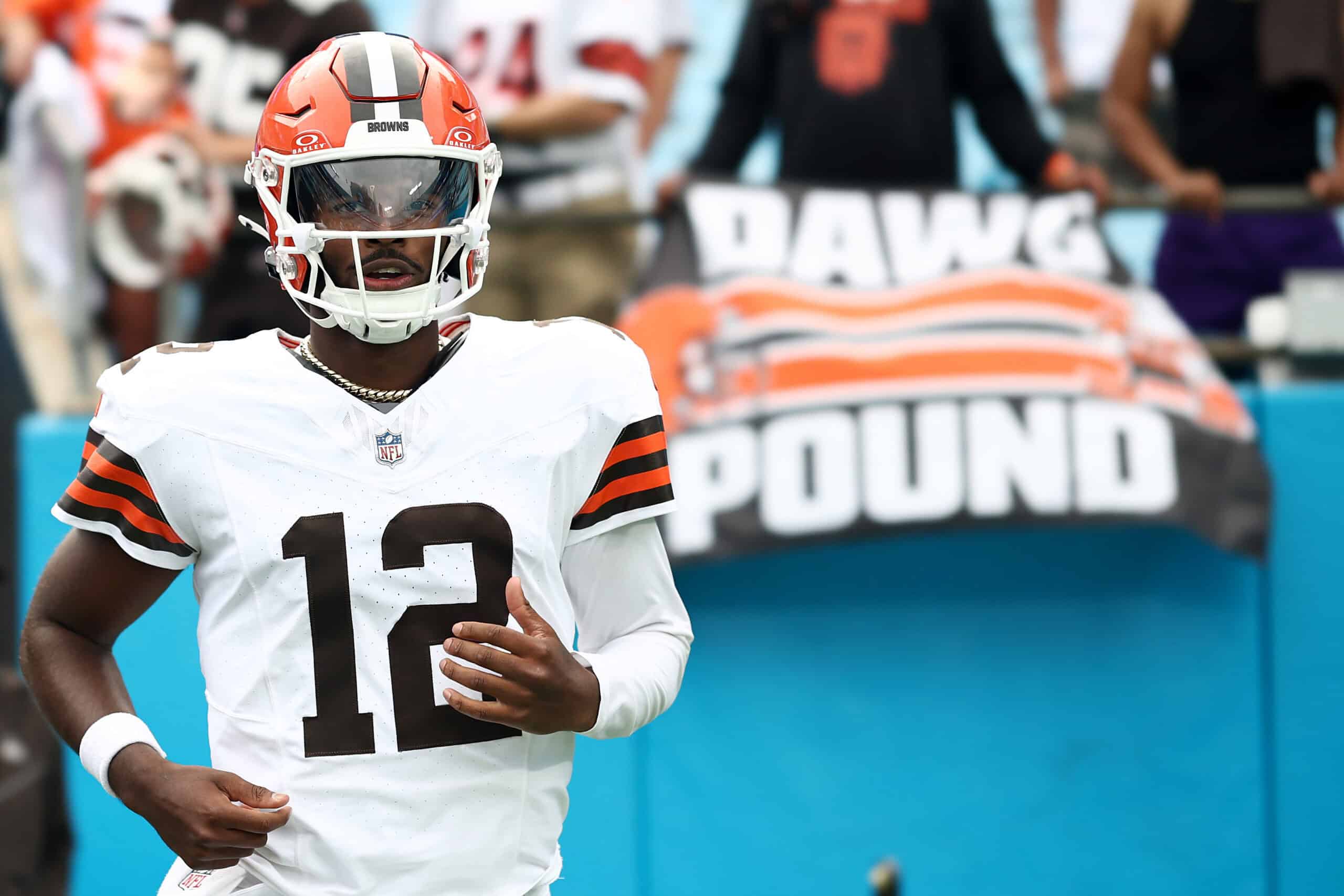 CHARLOTTE, NORTH CAROLINA - AUGUST 08: Quarterback Shedeur Sanders #12 of the Cleveland Browns walks out the tunnel prior to the NFL Preseason 2025 game against the Carolina Panthers at Bank of America Stadium on August 08, 2025 in Charlotte, North Carolina.