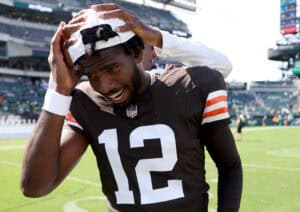 PHILADELPHIA, PENNSYLVANIA - AUGUST 16: Shedeur Sanders #12 of the Cleveland Browns is greeted by a member of the Philadelphia Eagles after the NFL Preseason 2025 game between Cleveland Browns and Philadelphia Eagles at Lincoln Financial Field on August 16, 2025 in Philadelphia, Pennsylvania. The Cleveland Browns defeated the Philadelphia Eagles 22-13.