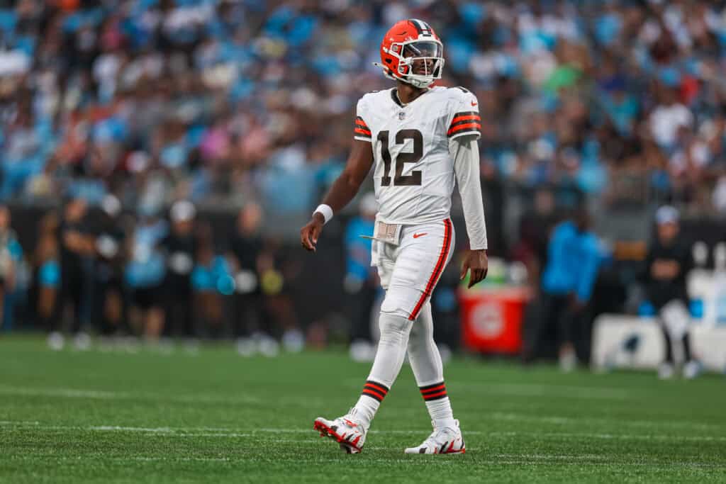 CHARLOTTE, NORTH CAROLINA - AUGUST 08: Shedeur Sanders #12 of the Cleveland Browns looks on during the first half of an NFL Preseason 2025 game against the Carolina Panthers at Bank of America Stadium on August 08, 2025 in Charlotte, North Carolina.