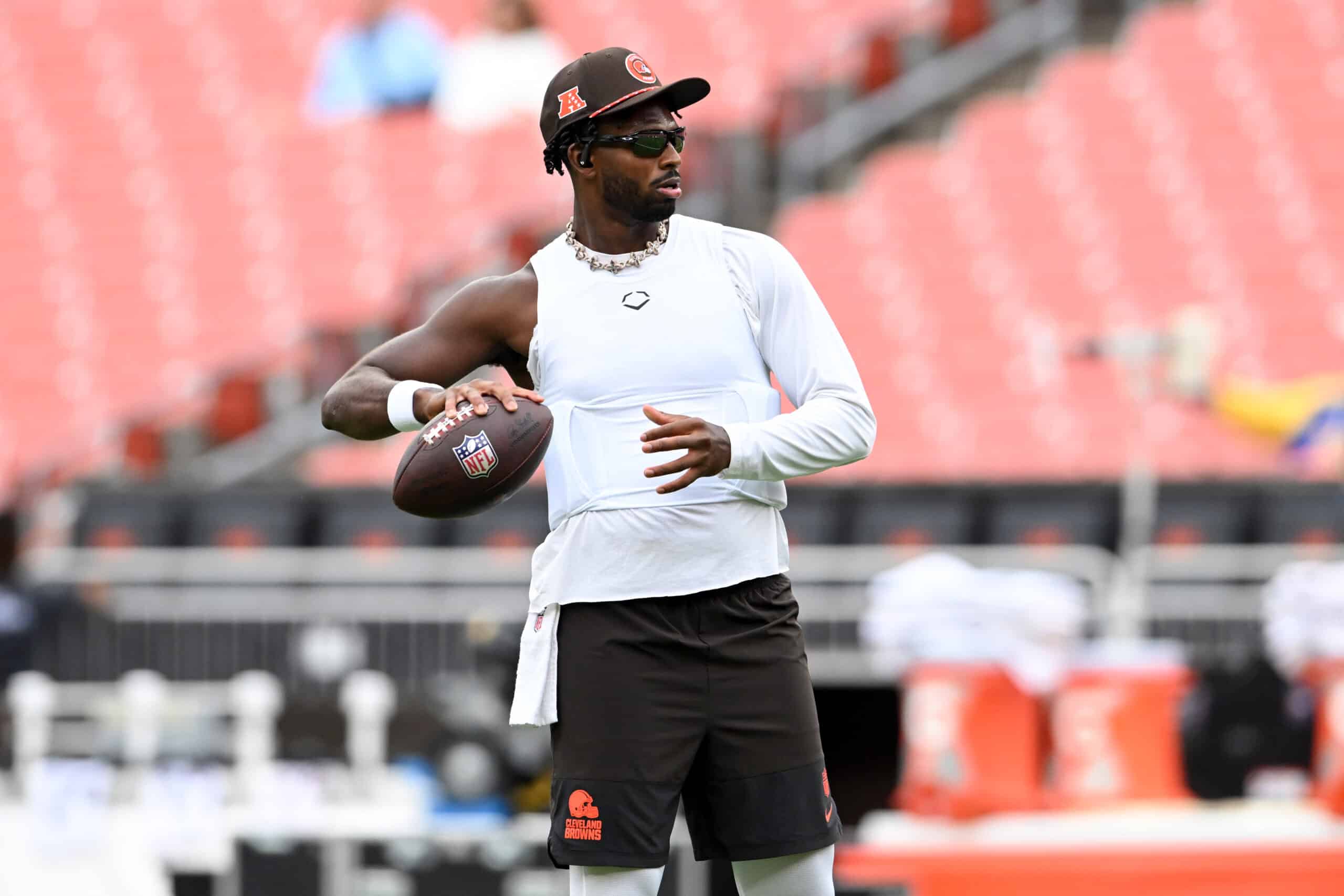 CLEVELAND, OHIO - AUGUST 23: Shedeur Sanders #12 of the Cleveland Browns warms up prior to an NFL Preseason 2025 game against the Los Angeles Rams at Huntington Bank Field on August 23, 2025 in Cleveland, Ohio.