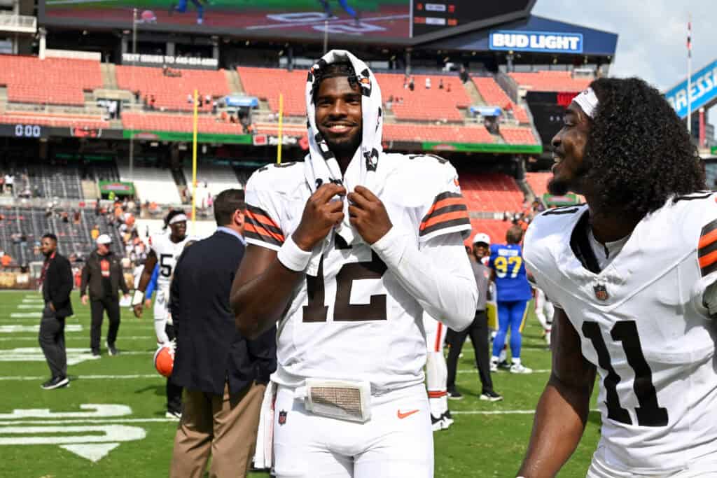 CLEVELAND, OHIO - AUGUST 23: Shedeur Sanders #12 of the Cleveland Browns walks off the field after the team's 17-16 win over the Los Angeles Rams in an NFL Preseason 2025 game at Huntington Bank Field on August 23, 2025 in Cleveland, Ohio.