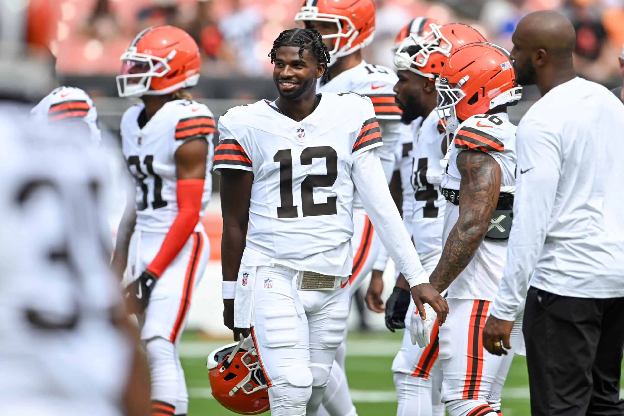 CLEVELAND, OHIO - AUGUST 23: Shedeur Sanders #12 of the Cleveland Browns looks on prior to an NFL Preseason 2025 game against the Los Angeles Rams at Huntington Bank Field on August 23, 2025 in Cleveland, Ohio.
