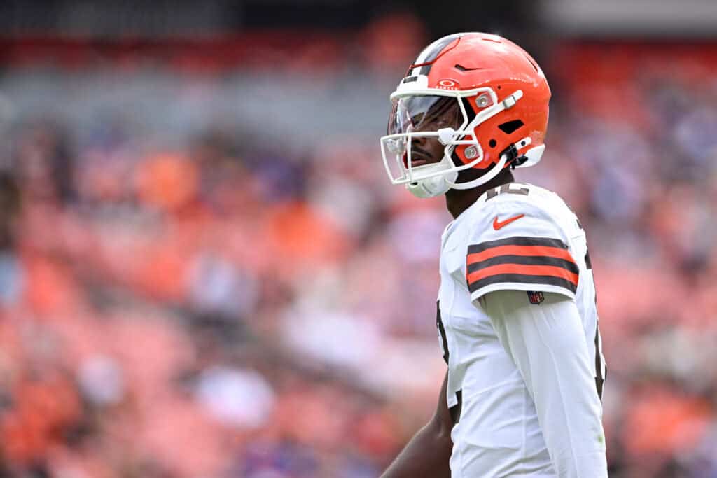 CLEVELAND, OHIO - AUGUST 23: Shedeur Sanders #12 of the Cleveland Browns looks on during the fourth quarter of an NFL Preseason 2025 game against the Los Angeles Rams at Huntington Bank Field on August 23, 2025 in Cleveland, Ohio.