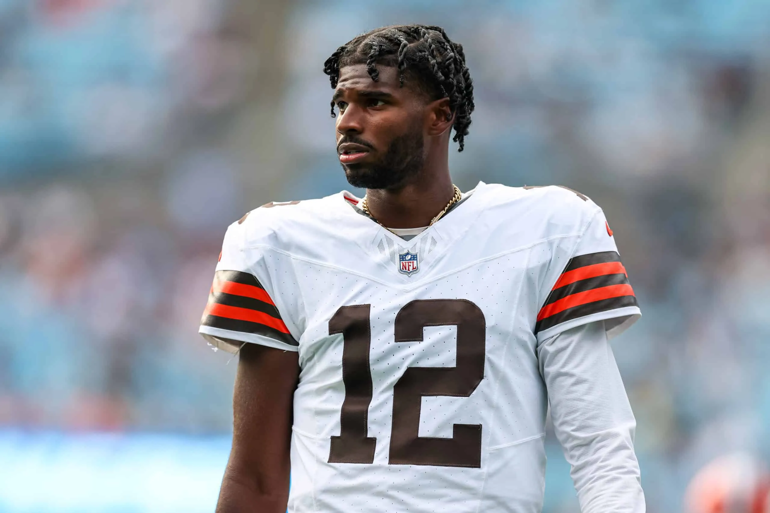 CHARLOTTE, NORTH CAROLINA - AUGUST 08: Shedeur Sanders #12 of the Cleveland Browns looks on during the first half of an NFL Preseason 2025 game against the Carolina Panthers at Bank of America Stadium on August 08, 2025 in Charlotte, North Carolina.