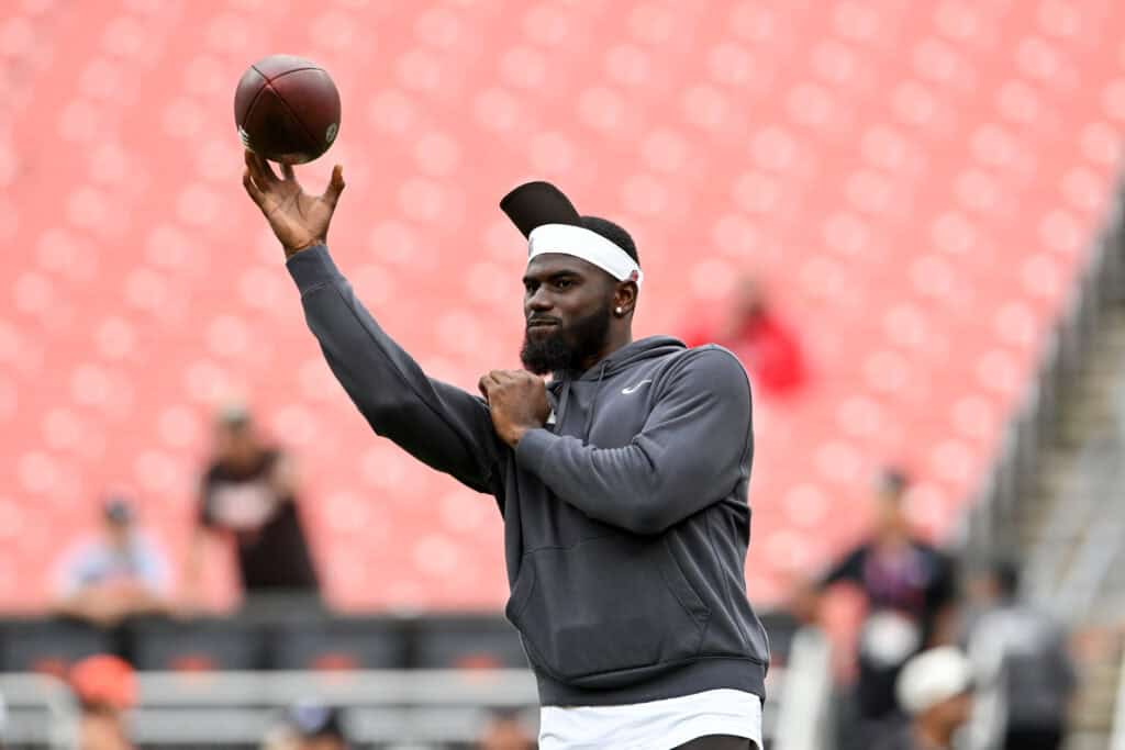 CLEVELAND, OHIO - AUGUST 23: Tyler Huntley #7 of the Cleveland Browns warms up prior to an NFL Preseason 2025 game against the Los Angeles Rams at Huntington Bank Field on August 23, 2025 in Cleveland, Ohio.