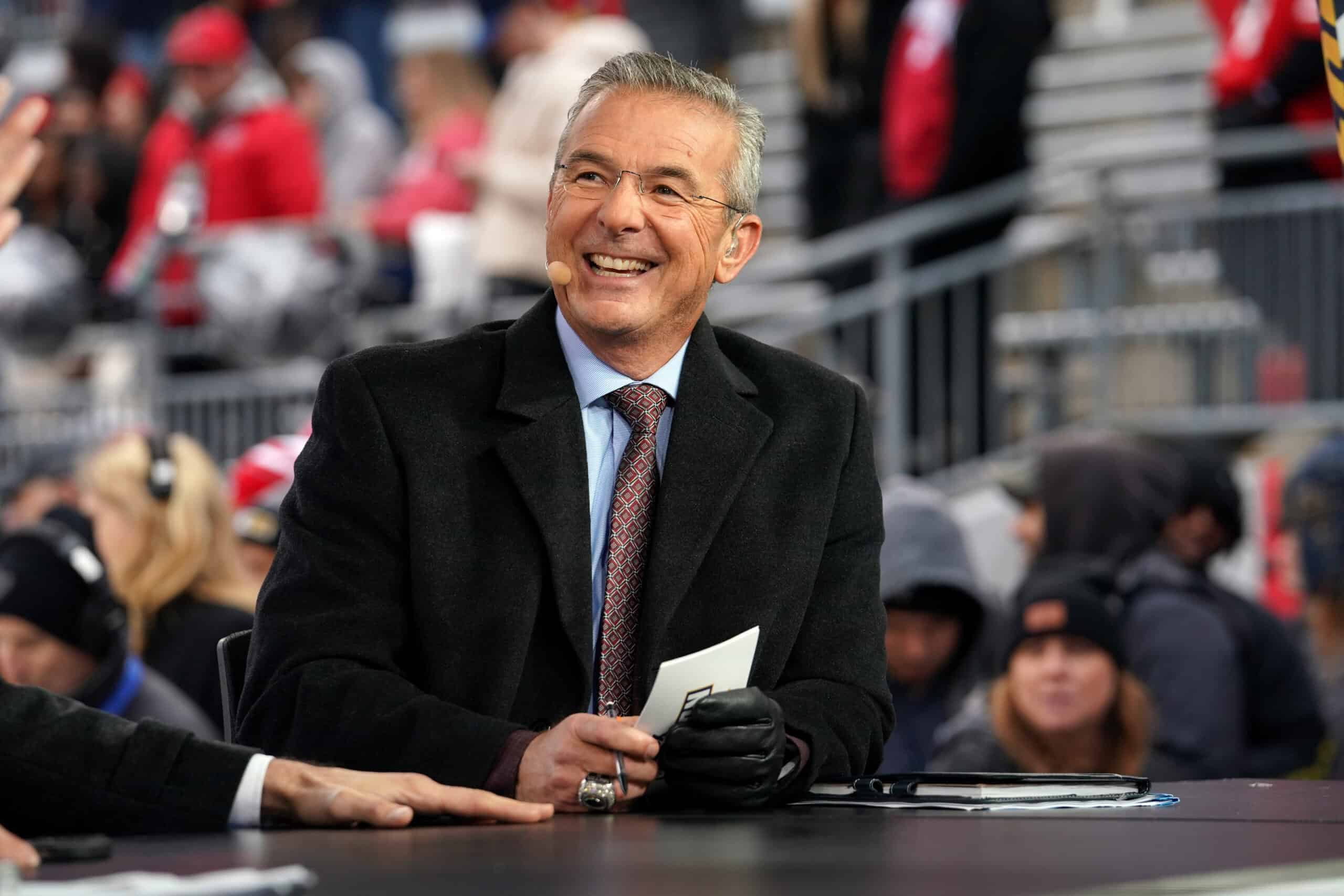 COLUMBUS, OHIO - NOVEMBER 23: Urban Meyer commentates before the game between the Indiana Hoosiers and the Ohio State Buckeyes at Ohio Stadium on November 23, 2024 in Columbus, Ohio.