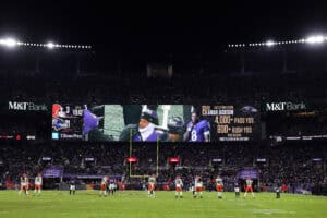 BALTIMORE, MARYLAND - JANUARY 04: A general view as an announcement regarding a NFL record broken by Lamar Jackson #8 of the Baltimore Ravens is shown on the screen at M&T Bank Stadium during the third quarter against the Cleveland Browns on January 04, 2025 in Baltimore, Maryland.