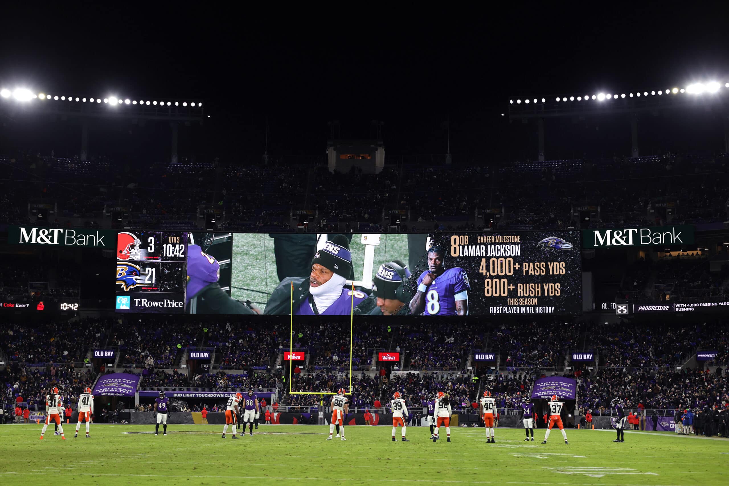 BALTIMORE, MARYLAND - JANUARY 04: A general view as an announcement regarding a NFL record broken by Lamar Jackson #8 of the Baltimore Ravens is shown on the screen at M&T Bank Stadium during the third quarter against the Cleveland Browns on January 04, 2025 in Baltimore, Maryland.