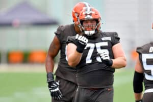 BEREA, OHIO - AUGUST 16: Joel Bitonio #75 of the Cleveland Browns works out during training camp on August 16, 2020 at the Cleveland Browns training facility in Berea, Ohio.