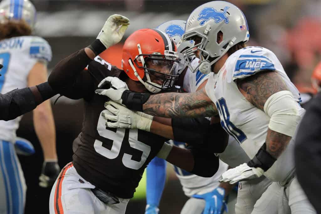 CLEVELAND, OHIO - NOVEMBER 21: Myles Garrett #95 of the Cleveland Browns plays against the Detroit Lions at FirstEnergy Stadium on November 21, 2021 in Cleveland, Ohio.