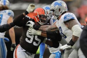 CLEVELAND, OHIO - NOVEMBER 21: Myles Garrett #95 of the Cleveland Browns plays against the Detroit Lions at FirstEnergy Stadium on November 21, 2021 in Cleveland, Ohio.