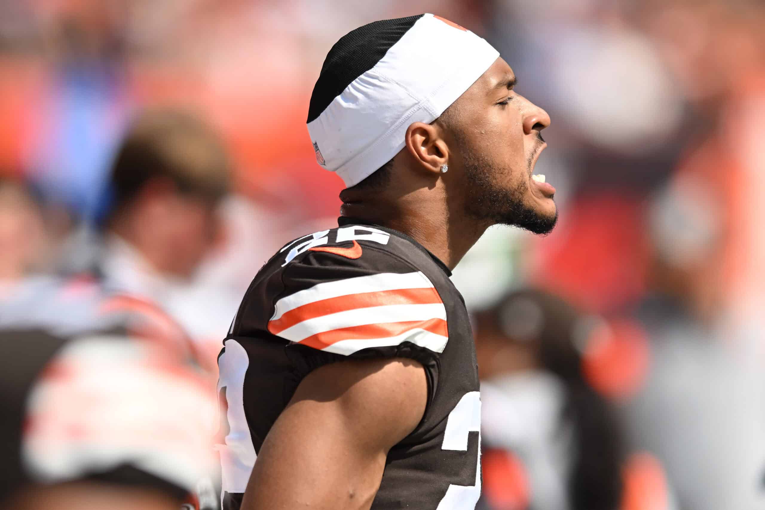 CLEVELAND, OHIO - SEPTEMBER 18: Grant Delpit #22 of the Cleveland Browns stretches his jaw before the game against the New York Jets at FirstEnergy Stadium on September 18, 2022 in Cleveland, Ohio.