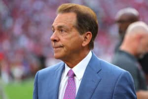TUSCALOOSA, ALABAMA - SEPTEMBER 28: Former Alabama Crimson Tide head coach Nick Saban looks on before the game against the Georgia Bulldogs at Bryant-Denny Stadium on September 28, 2024 in Tuscaloosa, Alabama.