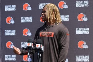 BEREA, OHIO - MAY 09: Quinshon Judkins #10 of the Cleveland Browns answers questions from the media during a press conference prior to rookie minicamp at CrossCountry Mortgage Campus on May 09, 2025 in Berea, Ohio.