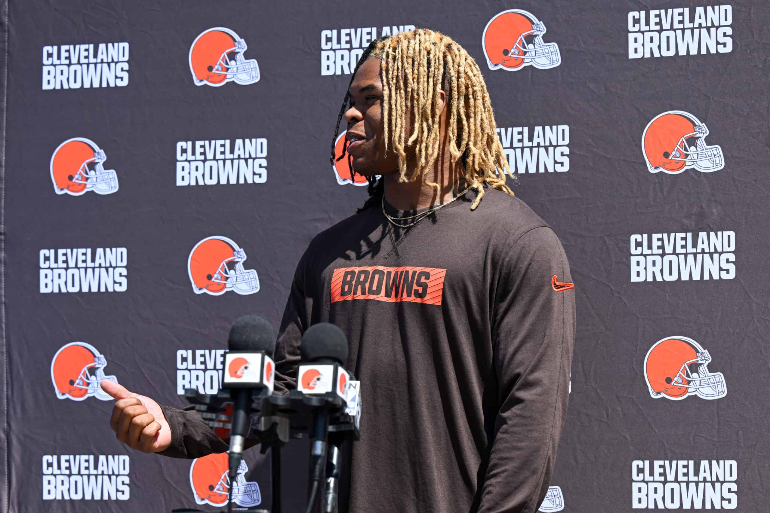 BEREA, OHIO - MAY 09: Quinshon Judkins #10 of the Cleveland Browns answers questions from the media during a press conference prior to rookie minicamp at CrossCountry Mortgage Campus on May 09, 2025 in Berea, Ohio.