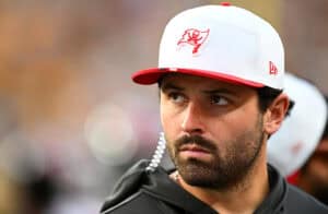 PITTSBURGH, PENNSYLVANIA - AUGUST 16: Baker Mayfield #6 of the Tampa Bay Buccaneers looks on during the first quarter of the NFL Preseason 2025 game against the Pittsburgh Steelers at Acrisure Stadium on August 16, 2025 in Pittsburgh, Pennsylvania.