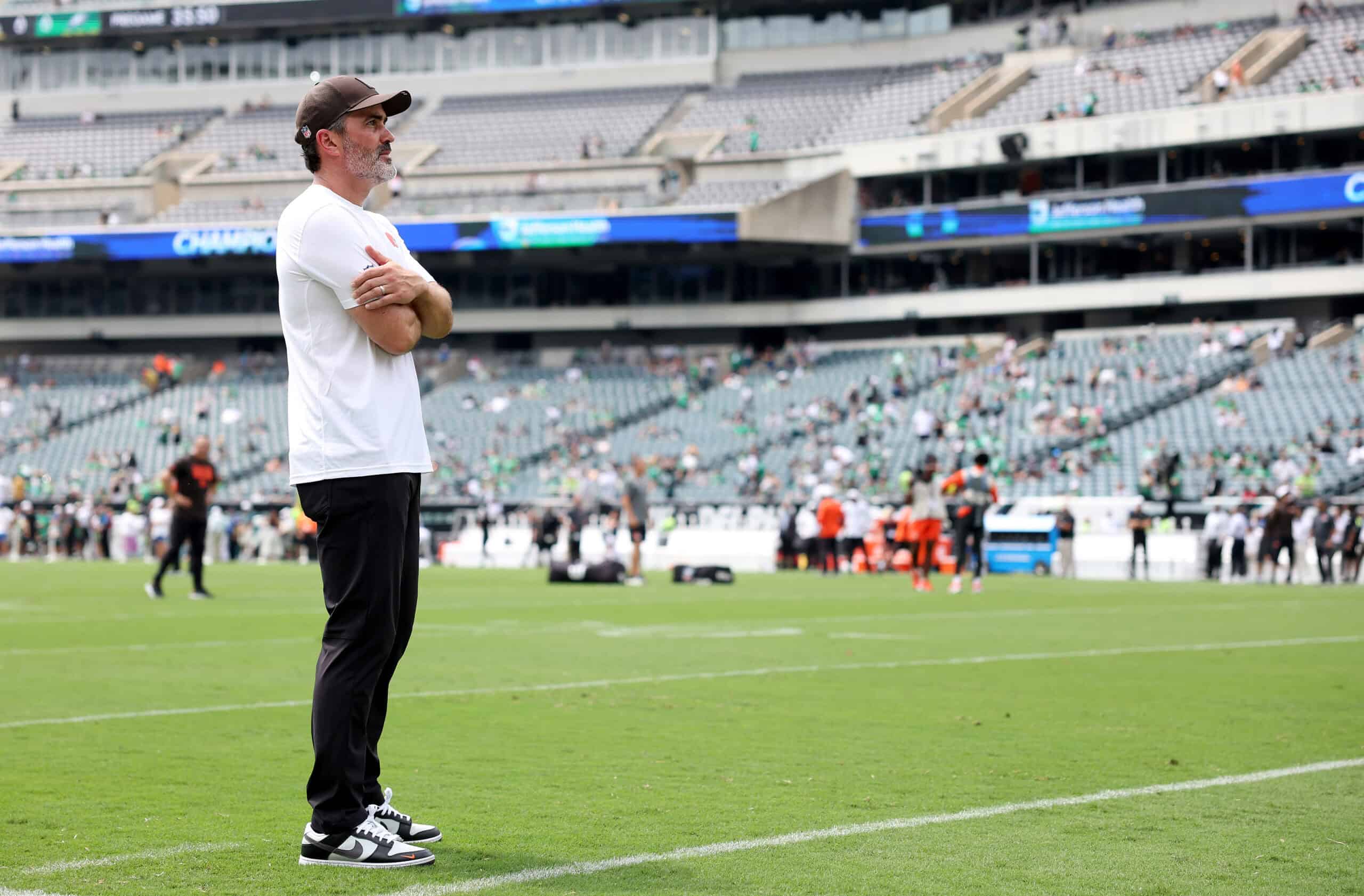PHILADELPHIA, PENNSYLVANIA - AUGUST 16: Head coach Kevin Stefanski of the Cleveland Browns looks on before the NFL Preseason 2025 game between Cleveland Browns and Philadelphia Eagles at Lincoln Financial Field on August 16, 2025 in Philadelphia, Pennsylvania.
