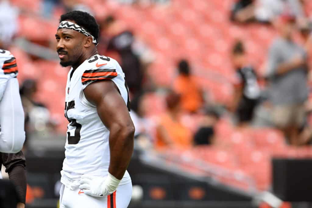 CLEVELAND, OHIO - AUGUST 23: Myles Garrett #95 of the Cleveland Browns looks on prior to an NFL Preseason 2025 game against the Los Angeles Rams at Huntington Bank Field on August 23, 2025 in Cleveland, Ohio.