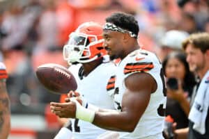 CLEVELAND, OHIO - AUGUST 23: Defensive end Myles Garrett #95 of the Cleveland Browns warms up before an NFL Preseason 2025 game against the Los Angeles Rams at Huntington Bank Field on August 23, 2025 in Cleveland, Ohio