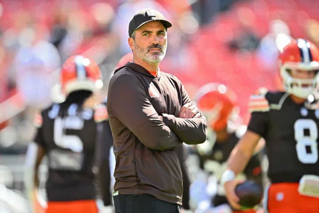 CLEVELAND, OHIO - SEPTEMBER 07: Head coach Kevin Stefanski of the Cleveland Browns looks on during warm ups prior to the game against the Cincinnati Bengals during the game at Huntington Bank Field on September 07, 2025 in Cleveland, Ohio.