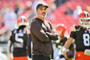 CLEVELAND, OHIO - SEPTEMBER 07: Head coach Kevin Stefanski of the Cleveland Browns looks on during warm ups prior to the game against the Cincinnati Bengals during the game at Huntington Bank Field on September 07, 2025 in Cleveland, Ohio.