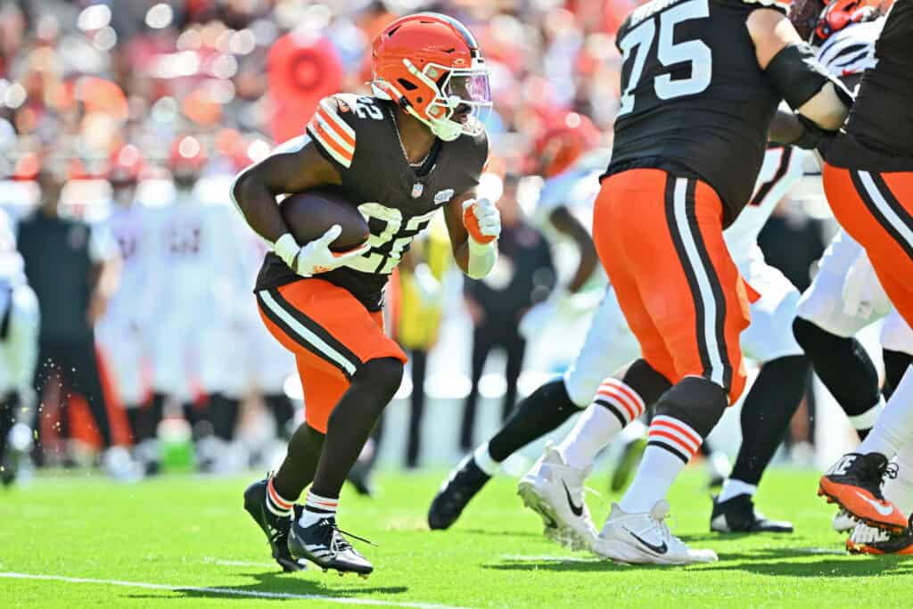 CLEVELAND, OHIO - SEPTEMBER 07: Dylan Sampson #22 of the Cleveland Browns runs the ball during the second quarter against the Cincinnati Bengals during the game at Huntington Bank Field on September 07, 2025 in Cleveland, Ohio.