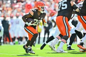 CLEVELAND, OHIO - SEPTEMBER 07: Dylan Sampson #22 of the Cleveland Browns runs the ball during the second quarter against the Cincinnati Bengals during the game at Huntington Bank Field on September 07, 2025 in Cleveland, Ohio.