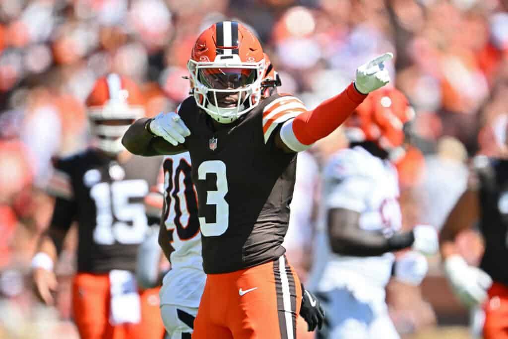 CLEVELAND, OHIO - SEPTEMBER 07: Jerry Jeudy #3 of the Cleveland Browns reacts during the second quarter against the Cincinnati Bengals during the game at Huntington Bank Field on September 07, 2025 in Cleveland, Ohio.