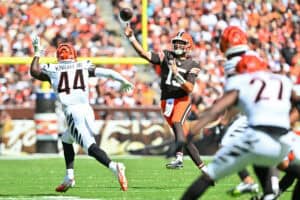 CLEVELAND, OHIO - SEPTEMBER 07: Joe Flacco #15 of the Cleveland Browns throws a pass during the second quarter against the Cincinnati Bengals during the game at Huntington Bank Field on September 07, 2025 in Cleveland, Ohio.