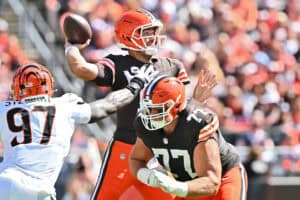 CLEVELAND, OHIO - SEPTEMBER 07: Joe Flacco #15 of the Cleveland Browns throws a pass during the third quarter aci during the game at Huntington Bank Field on September 07, 2025 in Cleveland, Ohio.