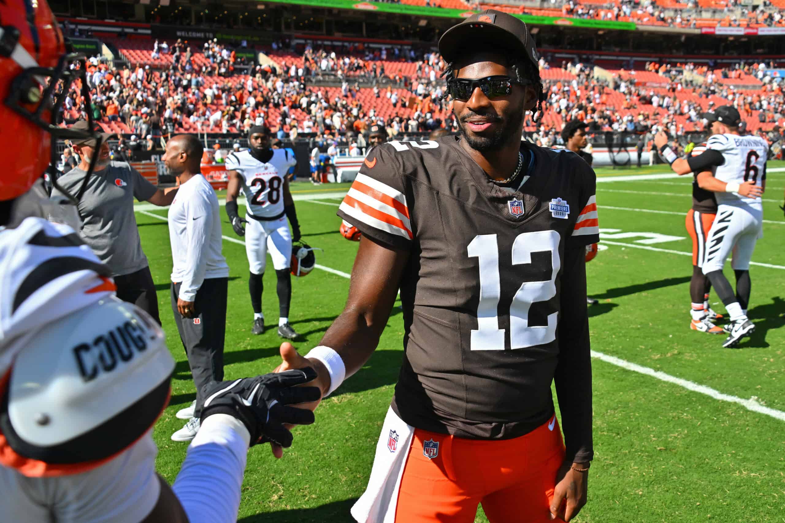 CLEVELAND, OHIO - SEPTEMBER 07: Shedeur Sanders #12 of the Cleveland Browns walks on the field after the game against the Cincinnati Bengals during the game at Huntington Bank Field on September 07, 2025 in Cleveland, Ohio.