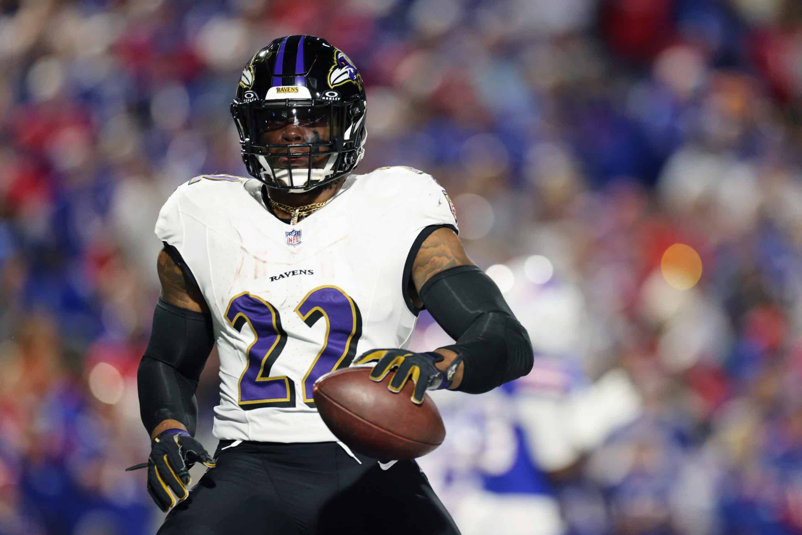 ORCHARD PARK, NEW YORK - SEPTEMBER 07: Derrick Henry #22 of the Baltimore Ravens carries the ball for a touchdown during the second quarter against the Buffalo Bills at Highmark Stadium on September 07, 2025 in Orchard Park, New York.