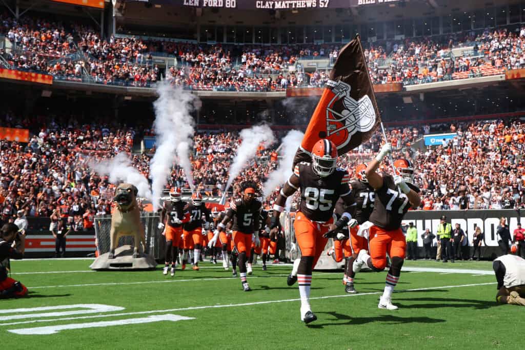 CLEVELAND, OHIO - SEPTEMBER 07: The Cleveland Browns take the field to play the Cincinnati Bengals at Huntington Bank Field on September 07, 2025 in Cleveland, Ohio.