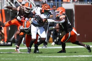 CLEVELAND, OHIO - SEPTEMBER 07: Jordan Battle #27 of the Cincinnati Bengals plays against the Cleveland Browns at Huntington Bank Field on September 07, 2025 in Cleveland, Ohio.