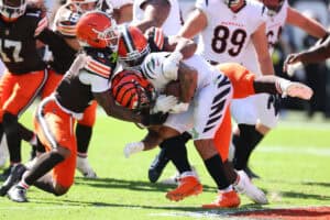 CLEVELAND, OHIO - SEPTEMBER 07: Chase Brown #30 of the Cincinnati Bengals plays against the Cleveland Browns at Huntington Bank Field on September 07, 2025 in Cleveland, Ohio.