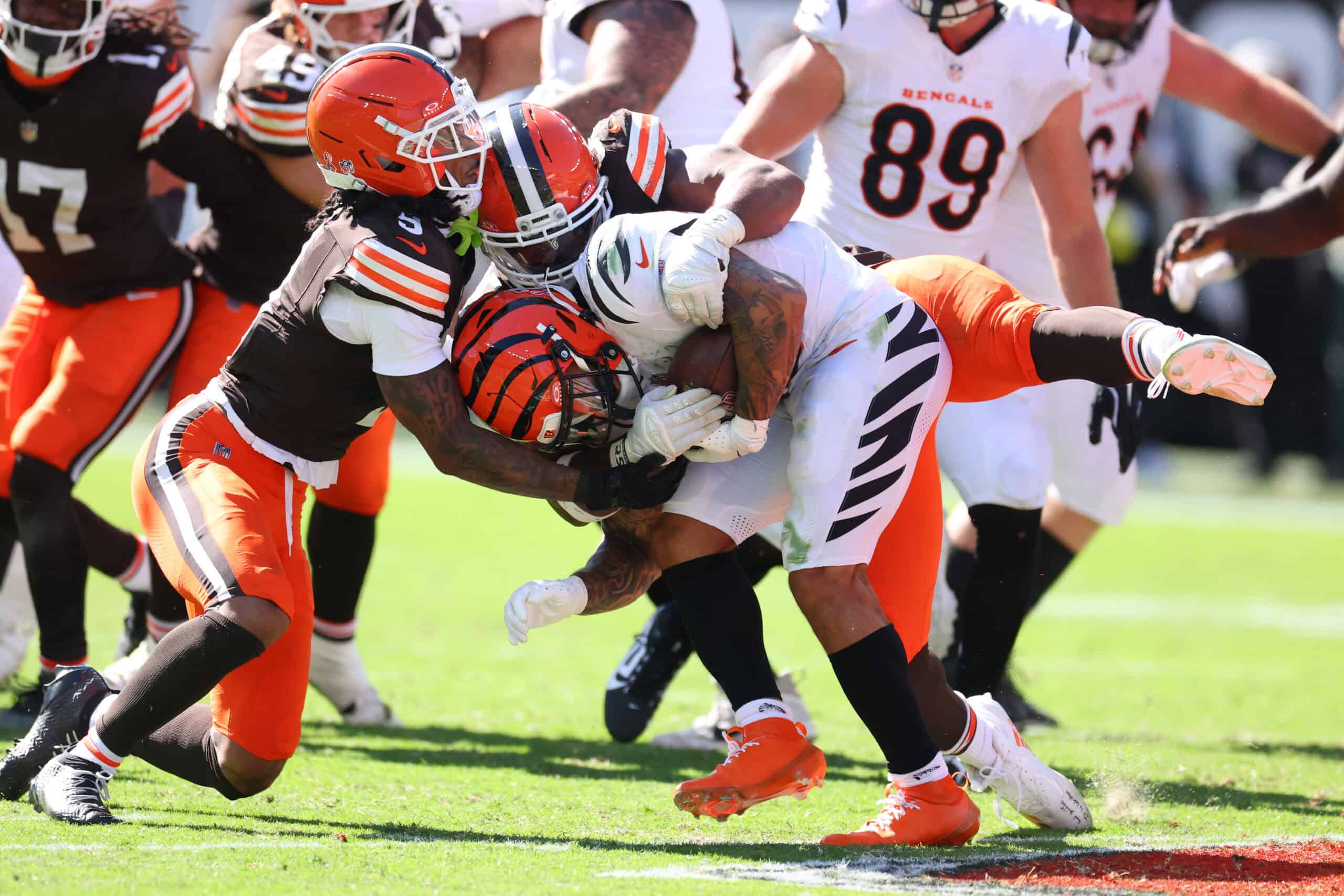 CLEVELAND, OHIO - SEPTEMBER 07: Chase Brown #30 of the Cincinnati Bengals plays against the Cleveland Browns at Huntington Bank Field on September 07, 2025 in Cleveland, Ohio.