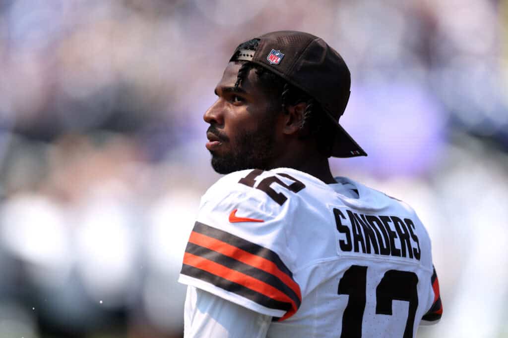 BALTIMORE, MARYLAND - SEPTEMBER 14: Quarterback Shedeur Sanders #12 of the Cleveland Browns looks on during the Browns and Baltimore Ravens game at M&T Bank Stadium on September 14, 2025 in Baltimore, Maryland.