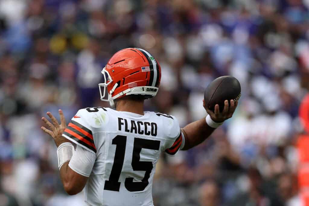 BALTIMORE, MARYLAND - SEPTEMBER 14: Quarterback Joe Flacco #15 of the Cleveland Browns drops back to pass against the Baltimore Ravens at M&T Bank Stadium on September 14, 2025 in Baltimore, Maryland.