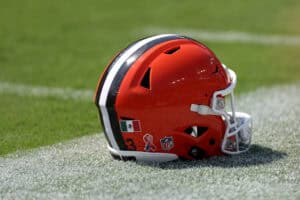 BALTIMORE, MARYLAND - SEPTEMBER 14: A detail of a Cleveland Browns helmet on the field against the Baltimore Ravens at M&T Bank Stadium on September 14, 2025 in Baltimore, Maryland.