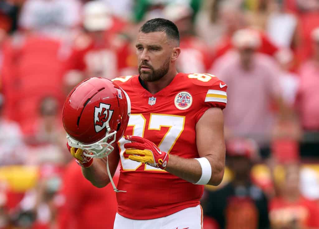 KANSAS CITY, MISSOURI - SEPTEMBER 14: Travis Kelce #87 of the Kansas City Chiefs warms up prior to the game against the Philadelphia Eagles at Arrowhead Stadium on September 14, 2025 in Kansas City, Missouri.