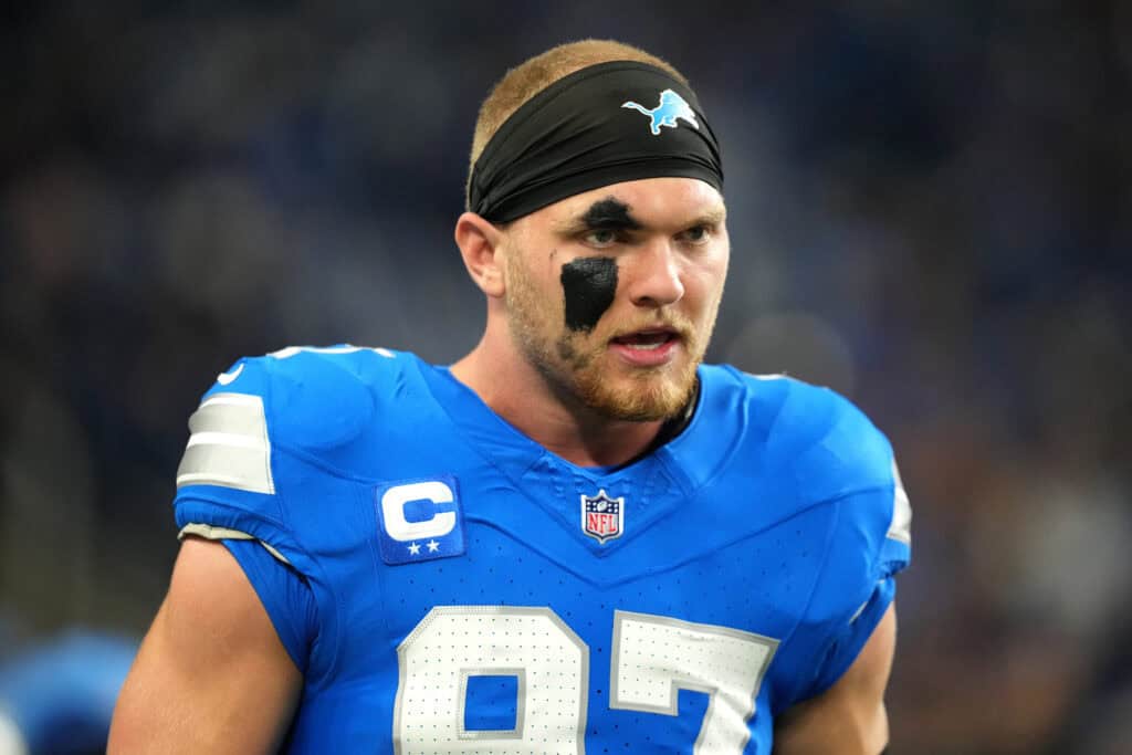 DETROIT, MICHIGAN - SEPTEMBER 14: Aidan Hutchinson #97 of the Detroit Lions looks on prior to the game against the Chicago Bears at Ford Field on September 14, 2025 in Detroit, Michigan.