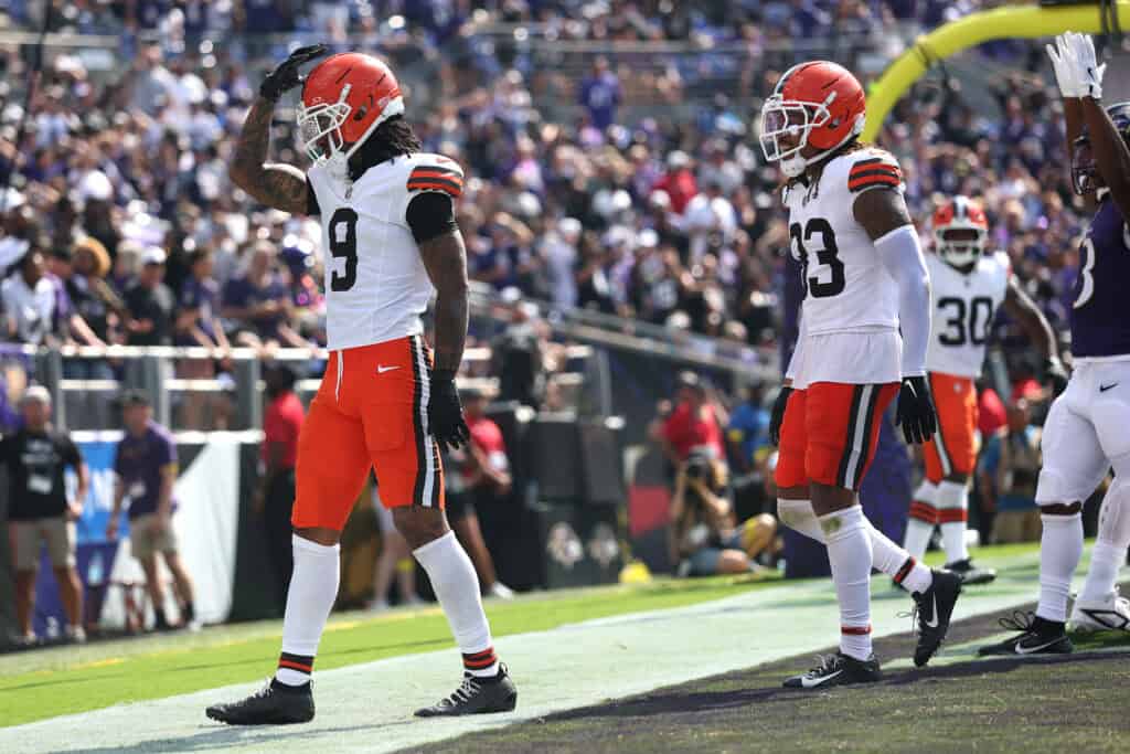 BALTIMORE, MARYLAND - SEPTEMBER 14: Grant Delpit #9 of the Cleveland Browns reacts during the game against the Baltimore Ravens at M&T Bank Stadium on September 14, 2025 in Baltimore, Maryland.
