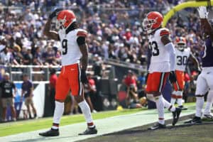 BALTIMORE, MARYLAND - SEPTEMBER 14: Grant Delpit #9 of the Cleveland Browns reacts during the game against the Baltimore Ravens at M&T Bank Stadium on September 14, 2025 in Baltimore, Maryland.