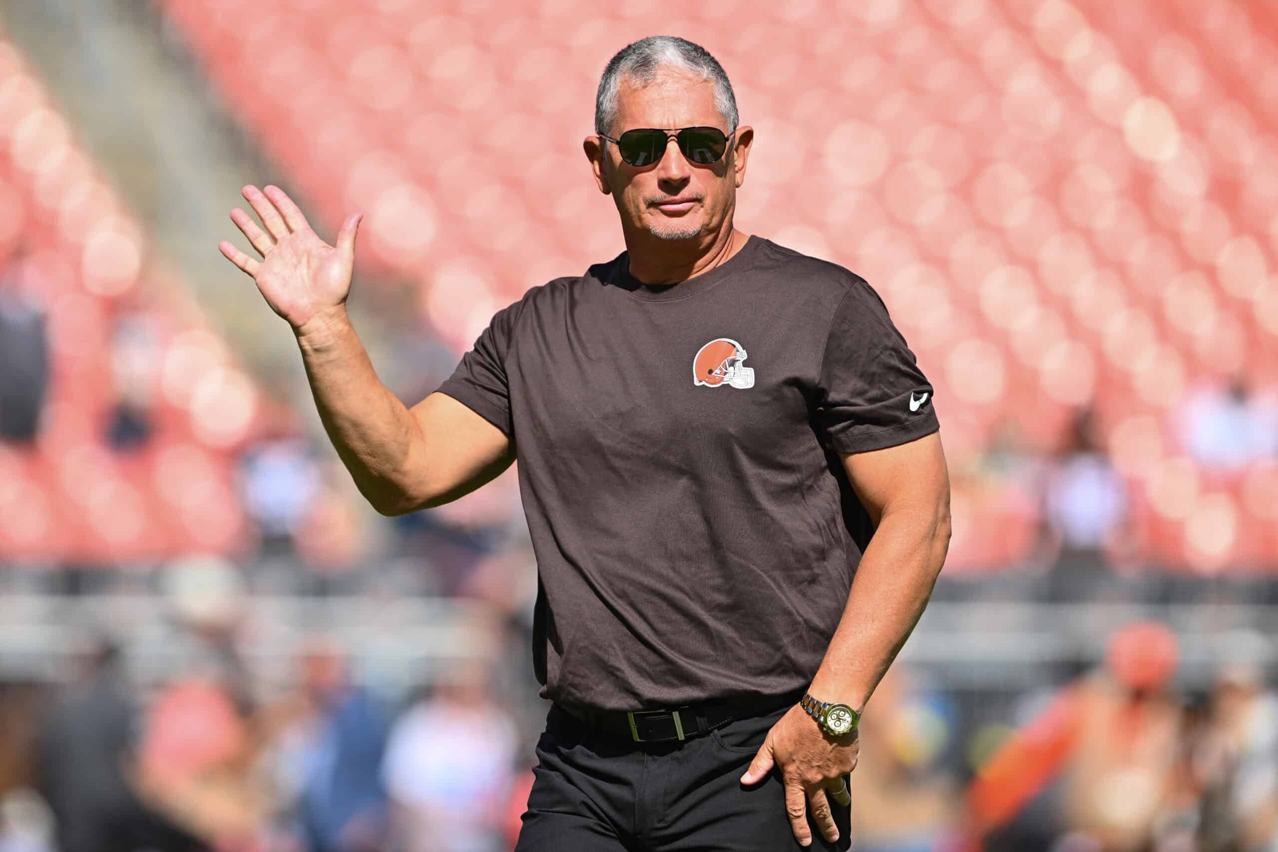 CLEVELAND, OHIO - SEPTEMBER 21: Defensive coordinator Jim Schwartz of the Cleveland Browns looks on before the game against the Green Bay Packers at Huntington Bank Field on September 21, 2025 in Cleveland, Ohio.