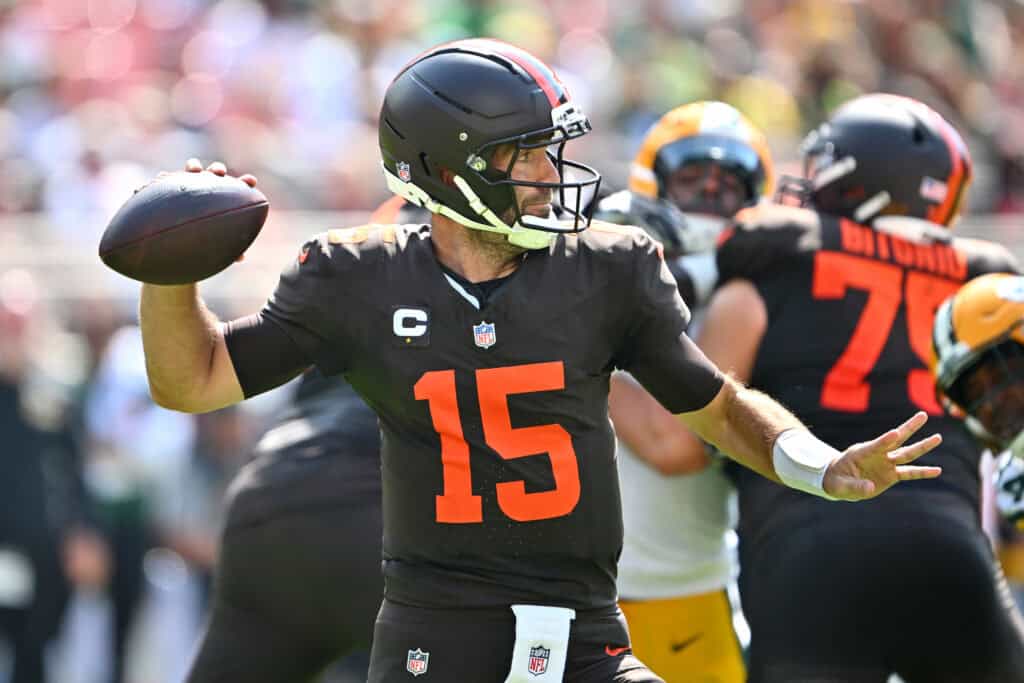 CLEVELAND, OHIO - SEPTEMBER 21: Joe Flacco #15 of the Cleveland Browns passes during the second quarter against the Green Bay Packers at Huntington Bank Field on September 21, 2025 in Cleveland, Ohio.