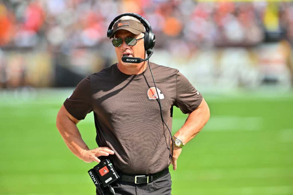 CLEVELAND, OHIO - SEPTEMBER 21: Defensive coordinator Jim Schwartz of the Cleveland Browns looks on during the second quarter against the Green Bay Packers at Huntington Bank Field on September 21, 2025 in Cleveland, Ohio.