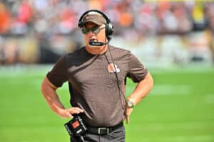 CLEVELAND, OHIO - SEPTEMBER 21: Defensive coordinator Jim Schwartz of the Cleveland Browns looks on during the second quarter against the Green Bay Packers at Huntington Bank Field on September 21, 2025 in Cleveland, Ohio.